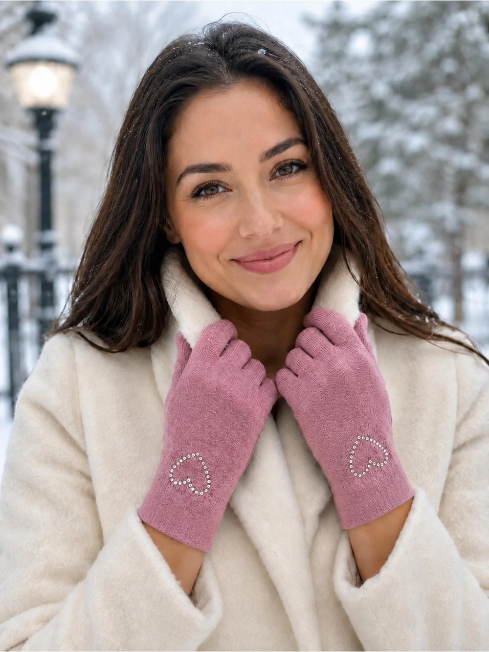 Portolano Crystal Heart Wool Cashmere Blend Gloves Mauve NWT OS
